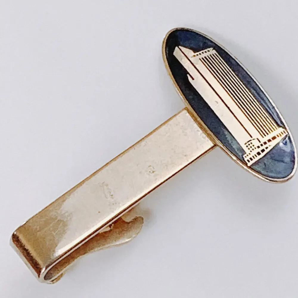 VTG Mid Century Black Cufflinks Tie Bar Chain 3-Piece Set Skyscraper Gold Tone